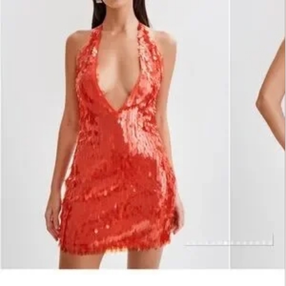 Meshki Backless Sequin Dress in Vibrant Orange Primrose Sequin Halter Mini Dress